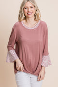 Animal Print Contrast Bell Sleeves Fashion Top With Gathered Front Hem-Product Type | Naughty Smile Fashion