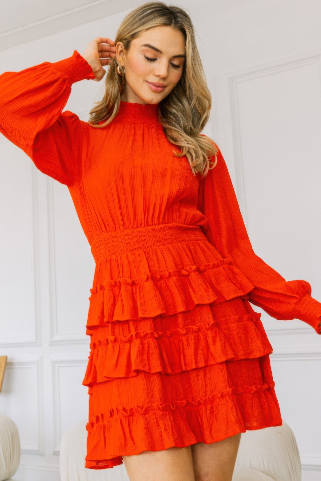 Long Sleeve Smocked Neck Tiered Ruffle Mini Dress-Product Type | Naughty Smile Fashion