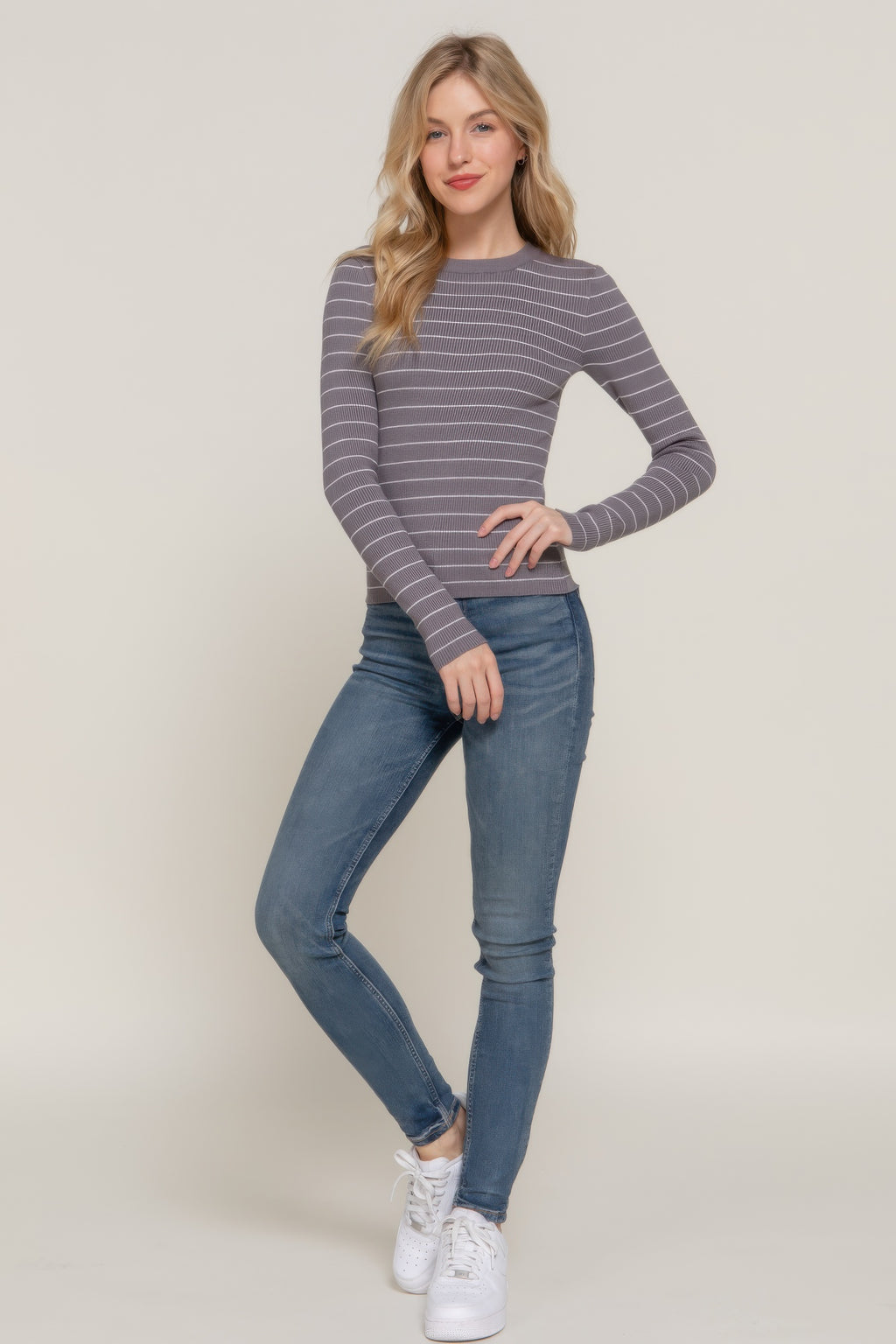 Long slv crew neck stripe sweater-Product Type | Naughty Smile Fashion