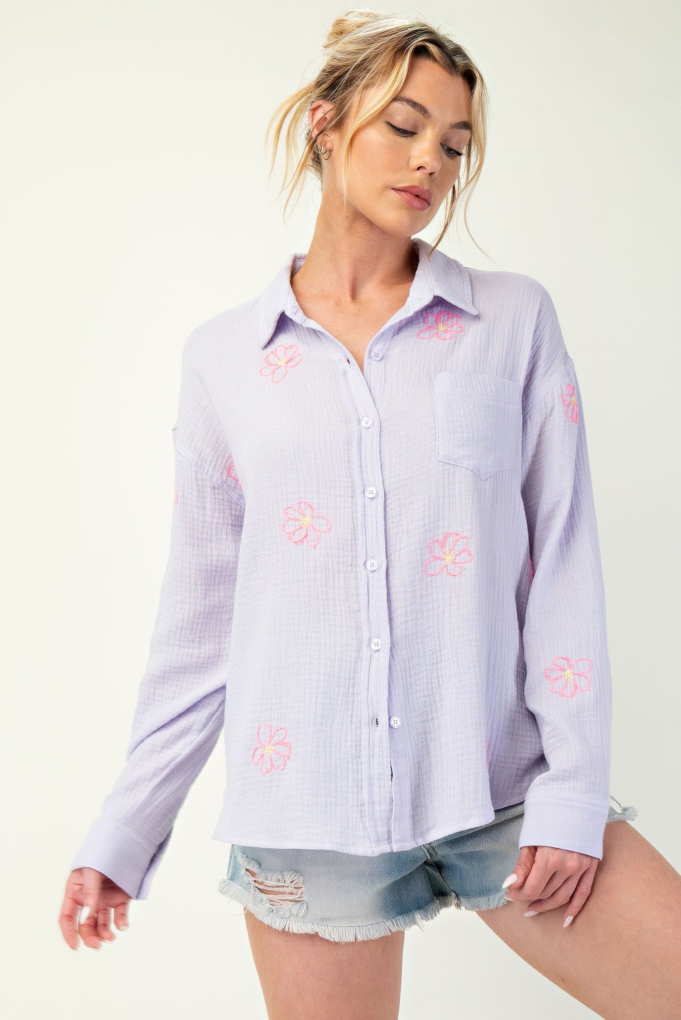 Embo detailed cotton gauze button down shirt-Product Type | Naughty Smile Fashion