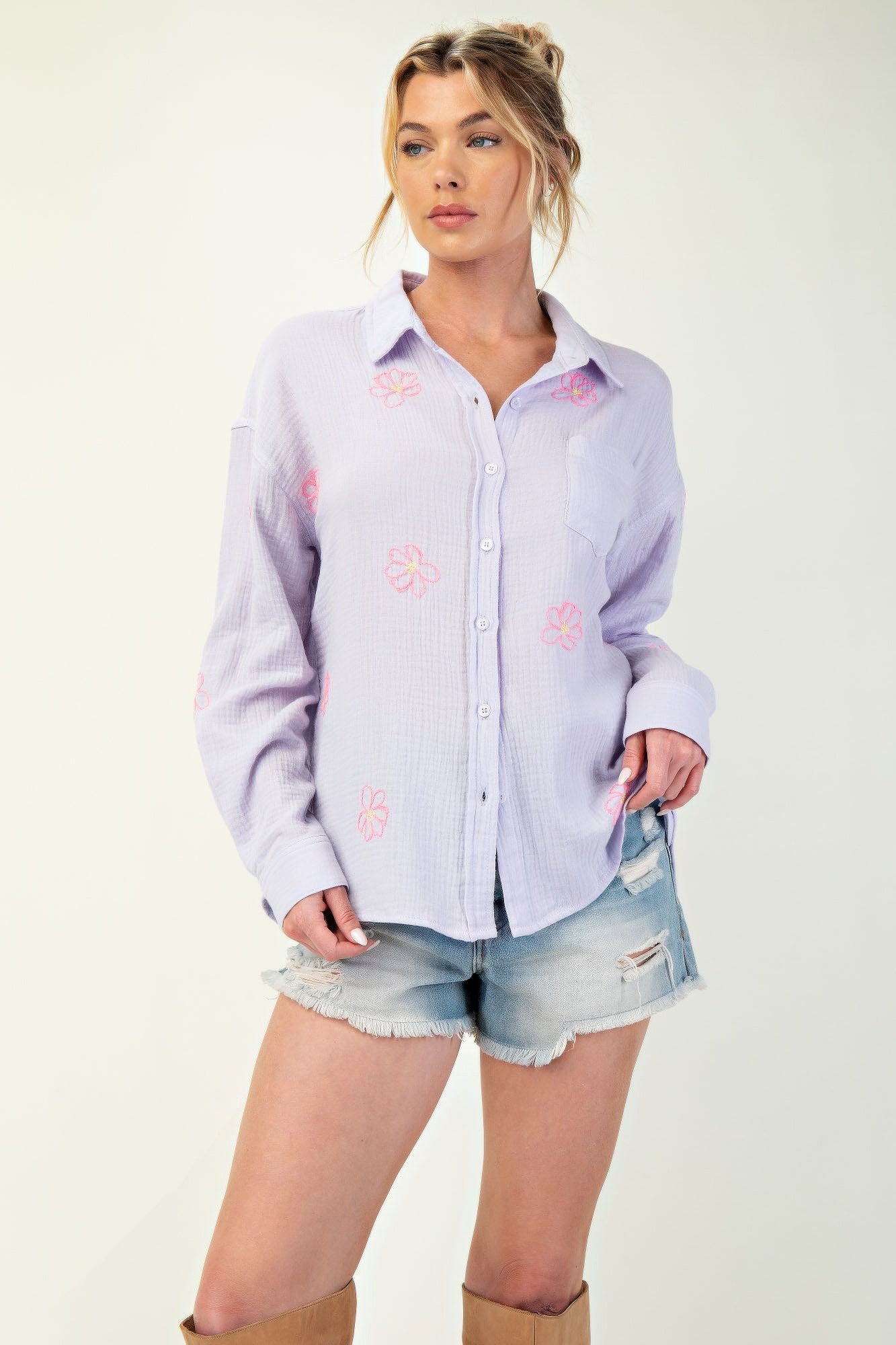Embo detailed cotton gauze button down shirt-Product Type | Naughty Smile Fashion