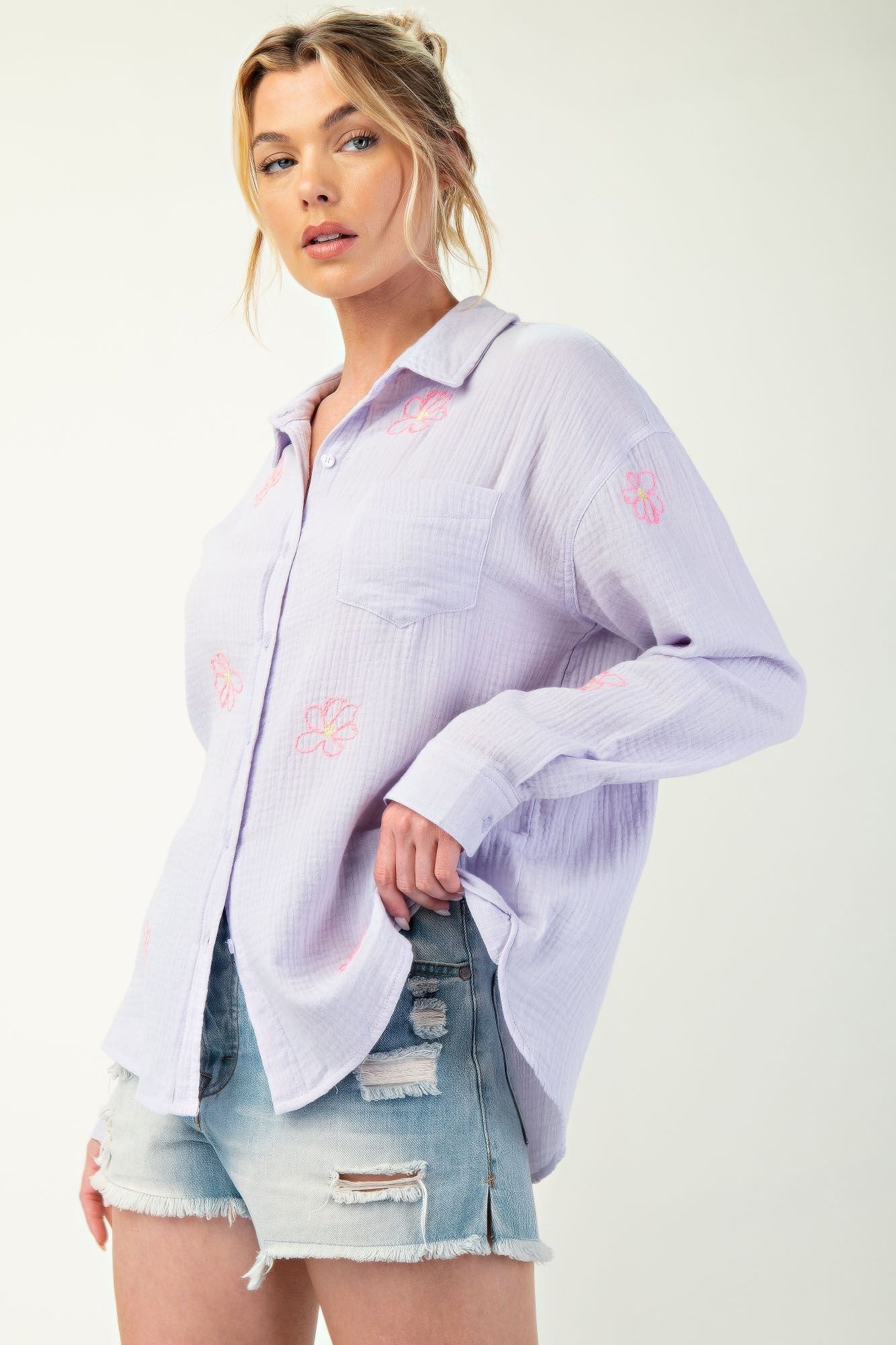 Embo detailed cotton gauze button down shirt-Product Type | Naughty Smile Fashion