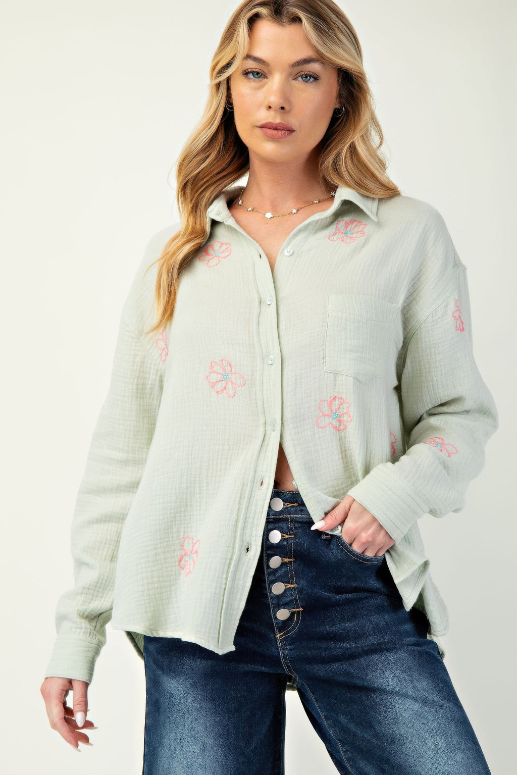 Embo detailed cotton gauze button down shirt-Product Type | Naughty Smile Fashion