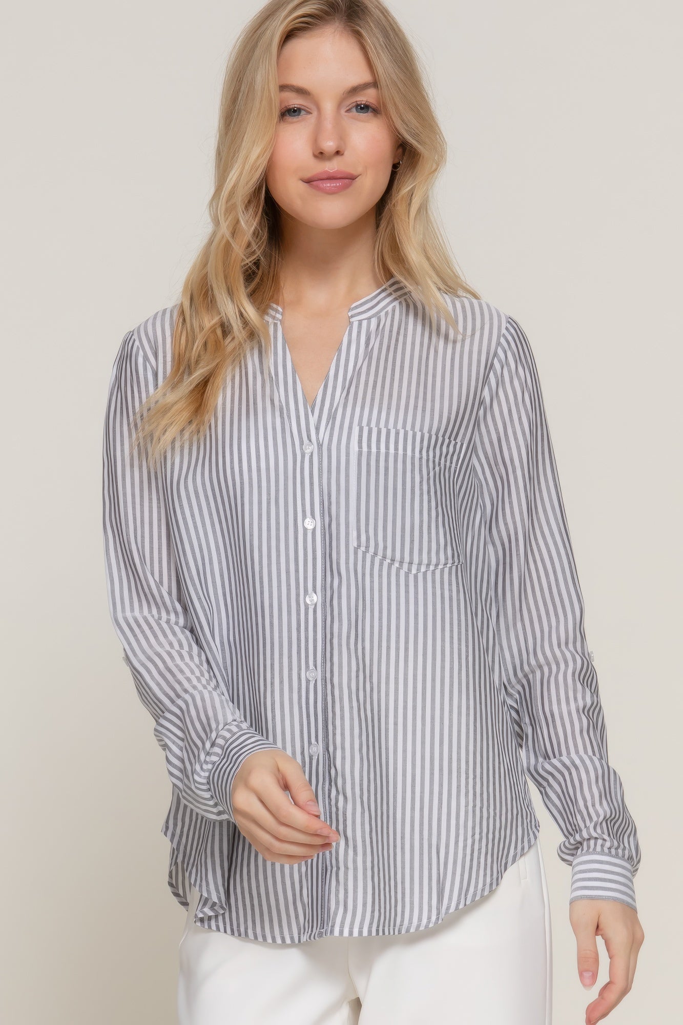 Long Slv Split Round Neck Stripe Woven Shirt-Product Type | Naughty Smile Fashion