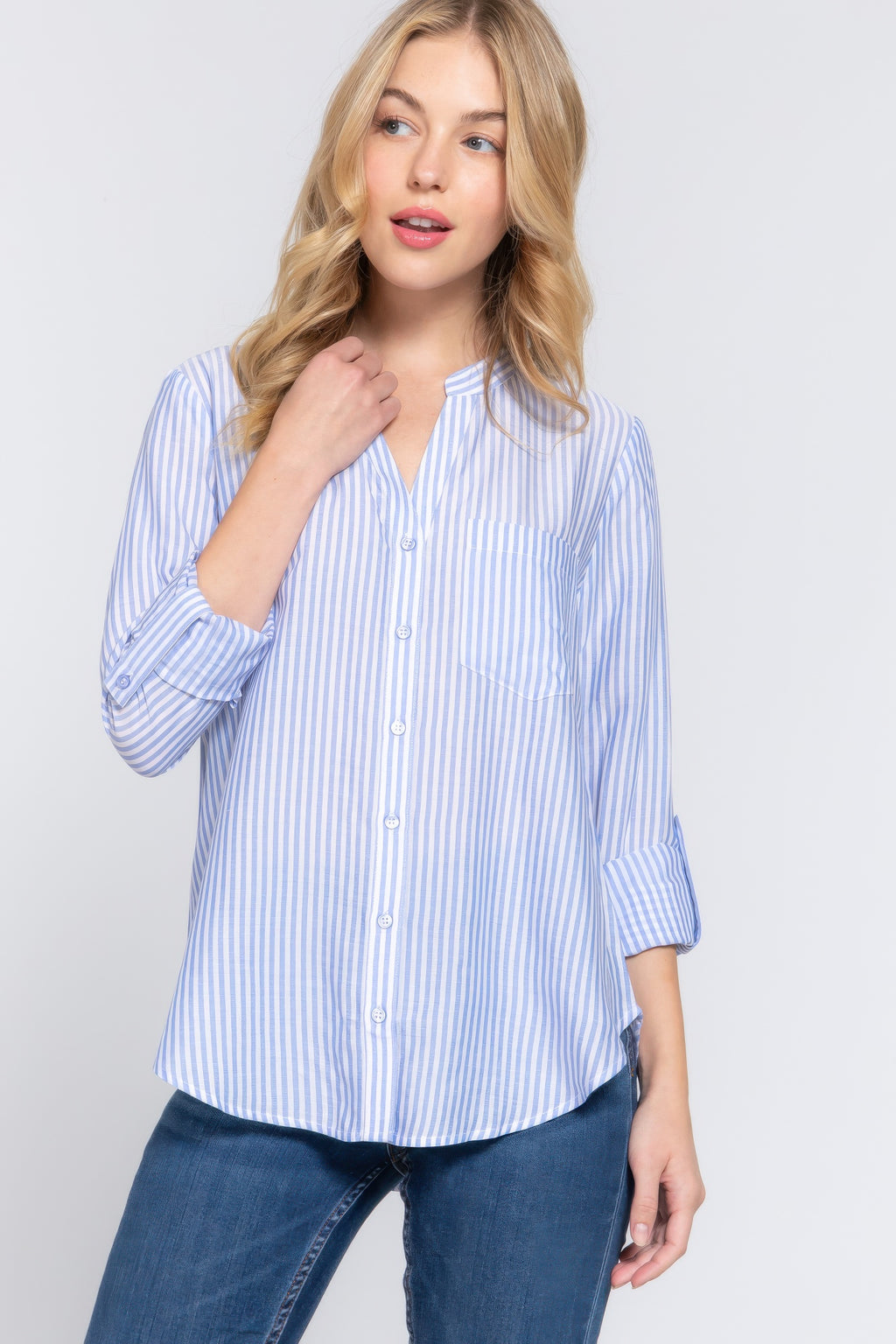 Long Slv Split Round Neck Stripe Woven Shirt-Product Type | Naughty Smile Fashion