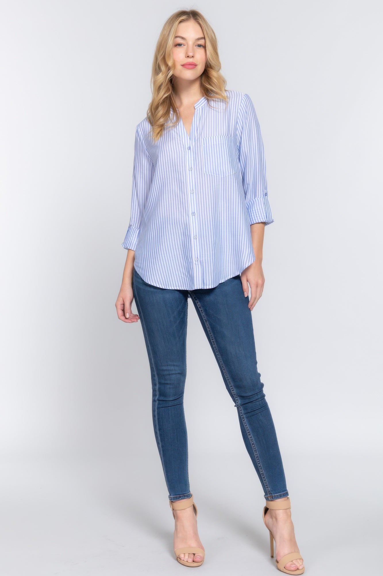 Long Slv Split Round Neck Stripe Woven Shirt-Product Type | Naughty Smile Fashion