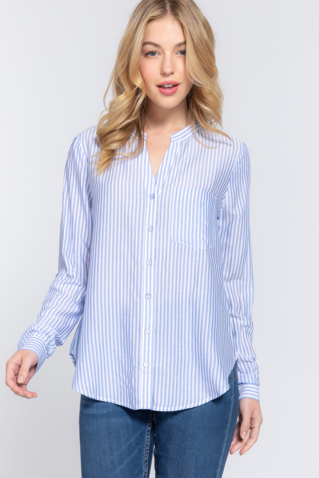Long Slv Split Round Neck Stripe Woven Shirt-Product Type | Naughty Smile Fashion