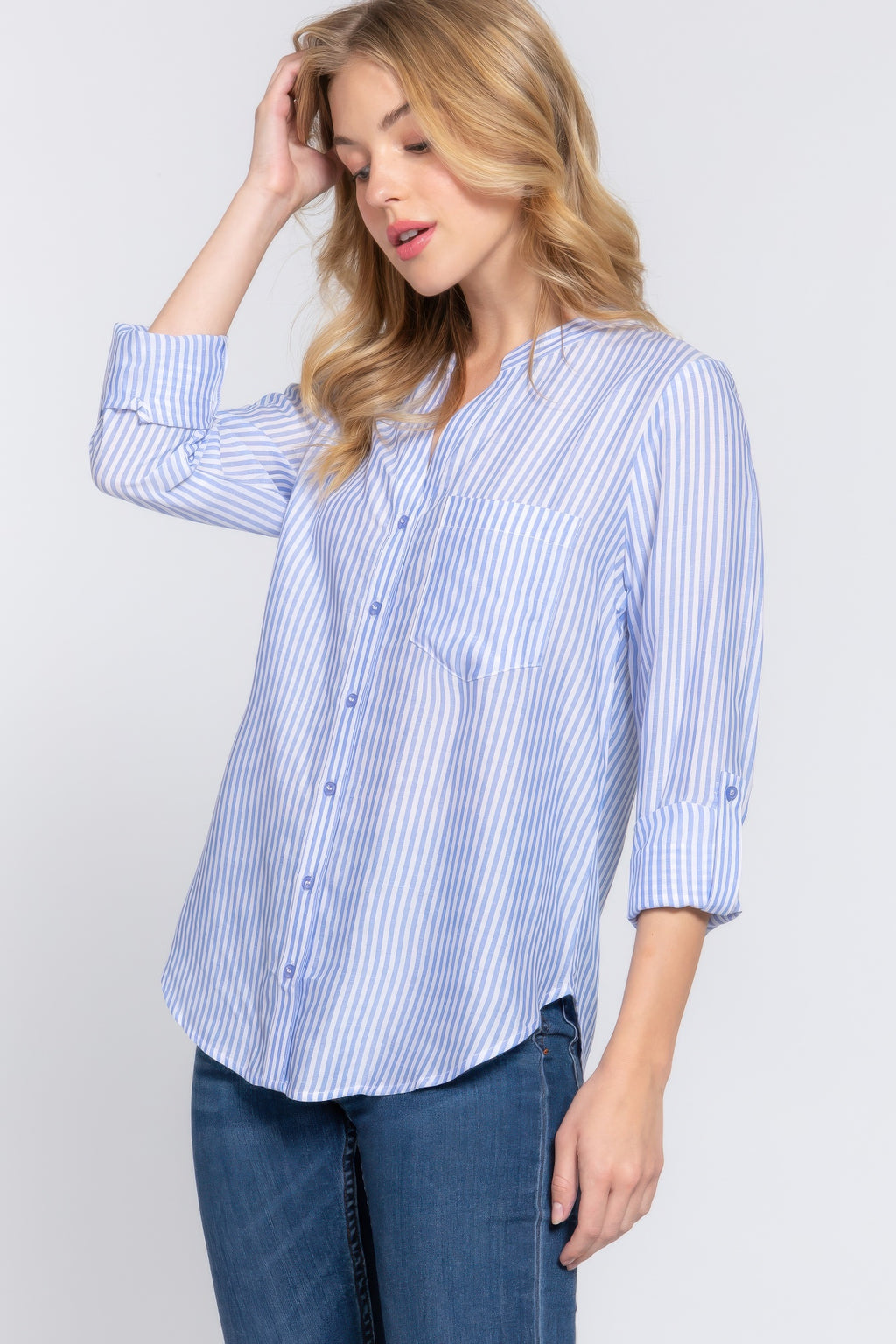 Long Slv Split Round Neck Stripe Woven Shirt-Product Type | Naughty Smile Fashion