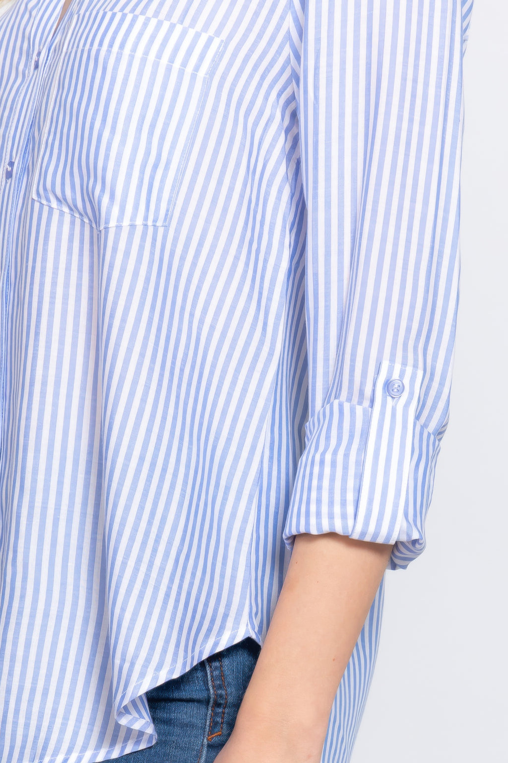 Long Slv Split Round Neck Stripe Woven Shirt-Product Type | Naughty Smile Fashion
