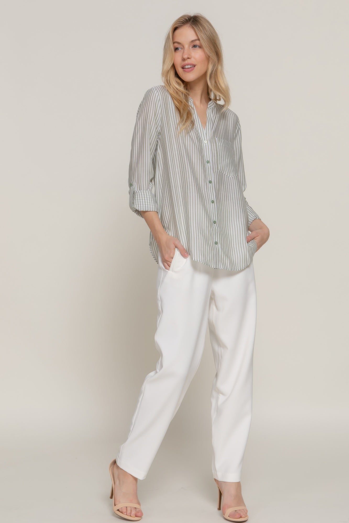 Long Slv Split Round Neck Stripe Woven Shirt-Product Type | Naughty Smile Fashion