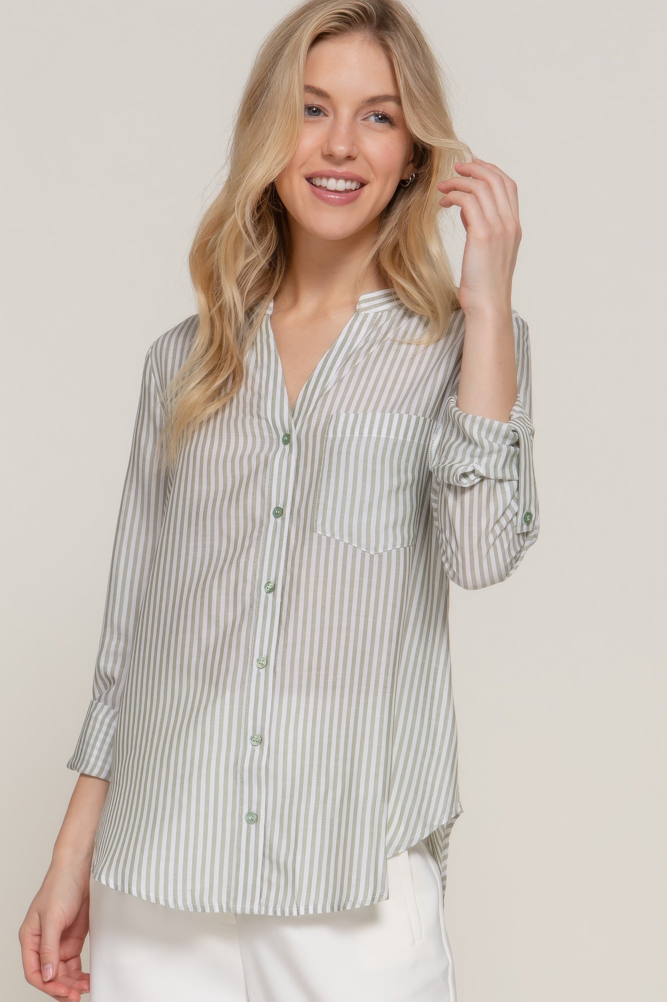 Long Slv Split Round Neck Stripe Woven Shirt-Product Type | Naughty Smile Fashion