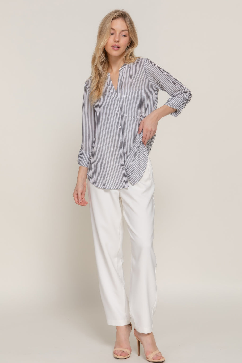 Long Slv Split Round Neck Stripe Woven Shirt-Product Type | Naughty Smile Fashion
