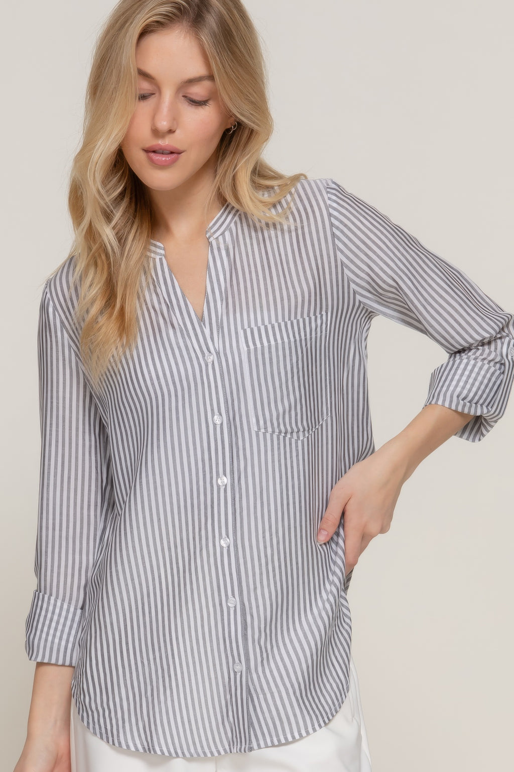 Long Slv Split Round Neck Stripe Woven Shirt-Product Type | Naughty Smile Fashion