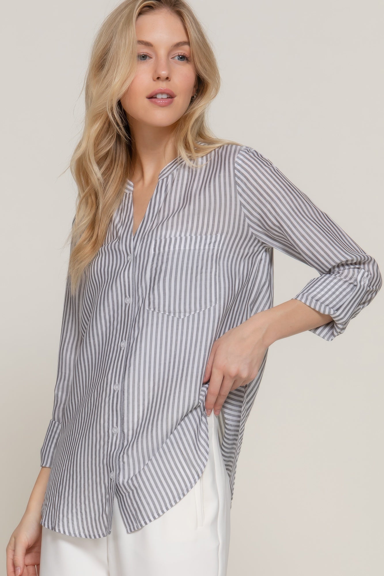 Long Slv Split Round Neck Stripe Woven Shirt-Product Type | Naughty Smile Fashion