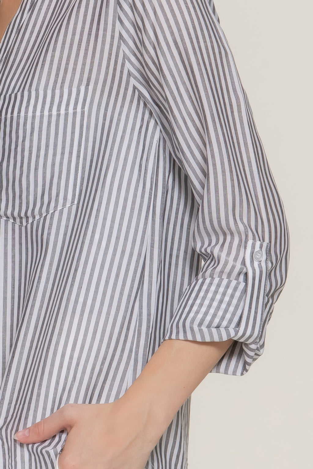 Long Slv Split Round Neck Stripe Woven Shirt-Product Type | Naughty Smile Fashion