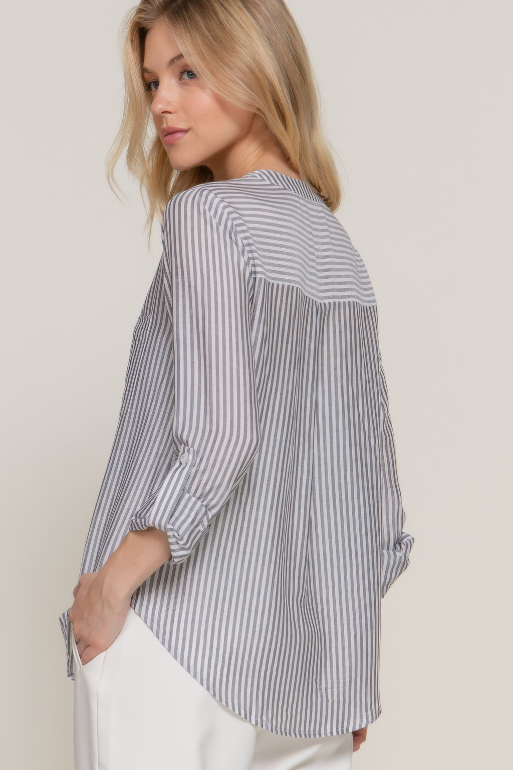 Long Slv Split Round Neck Stripe Woven Shirt-Product Type | Naughty Smile Fashion