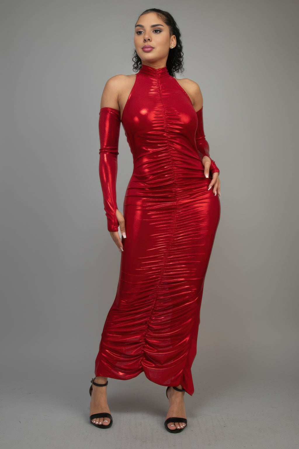 Metallic Ruched Dress With Sleeves-Product Type | Naughty Smile Fashion