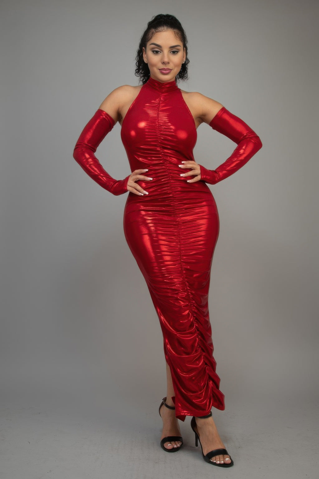 Metallic Ruched Dress With Sleeves-Product Type | Naughty Smile Fashion