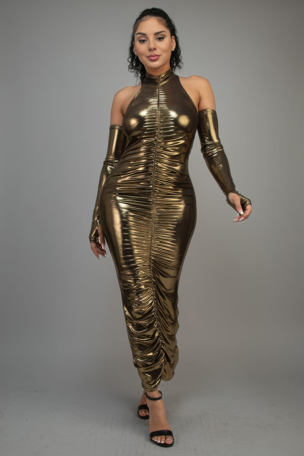 Metallic Ruched Dress With Sleeves-Product Type | Naughty Smile Fashion