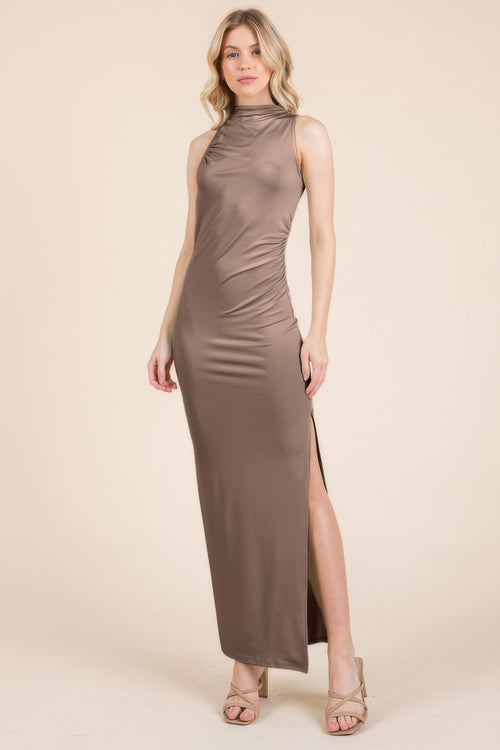 Back Cut Out Side Shirring Side Slit Maxi Dress-Product Type | Naughty Smile Fashion