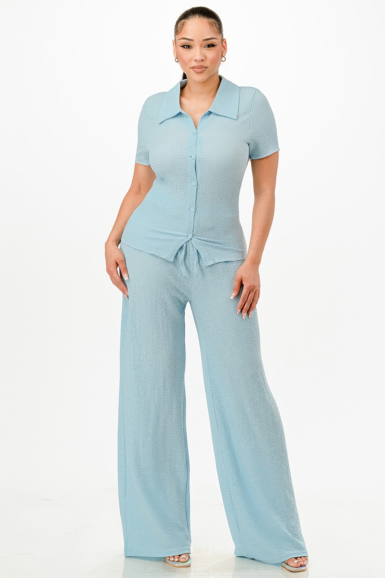 Textured Polo Top And Pants Set-Product Type | Naughty Smile Fashion