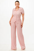 Textured Polo Top And Pants Set-Product Type | Naughty Smile Fashion
