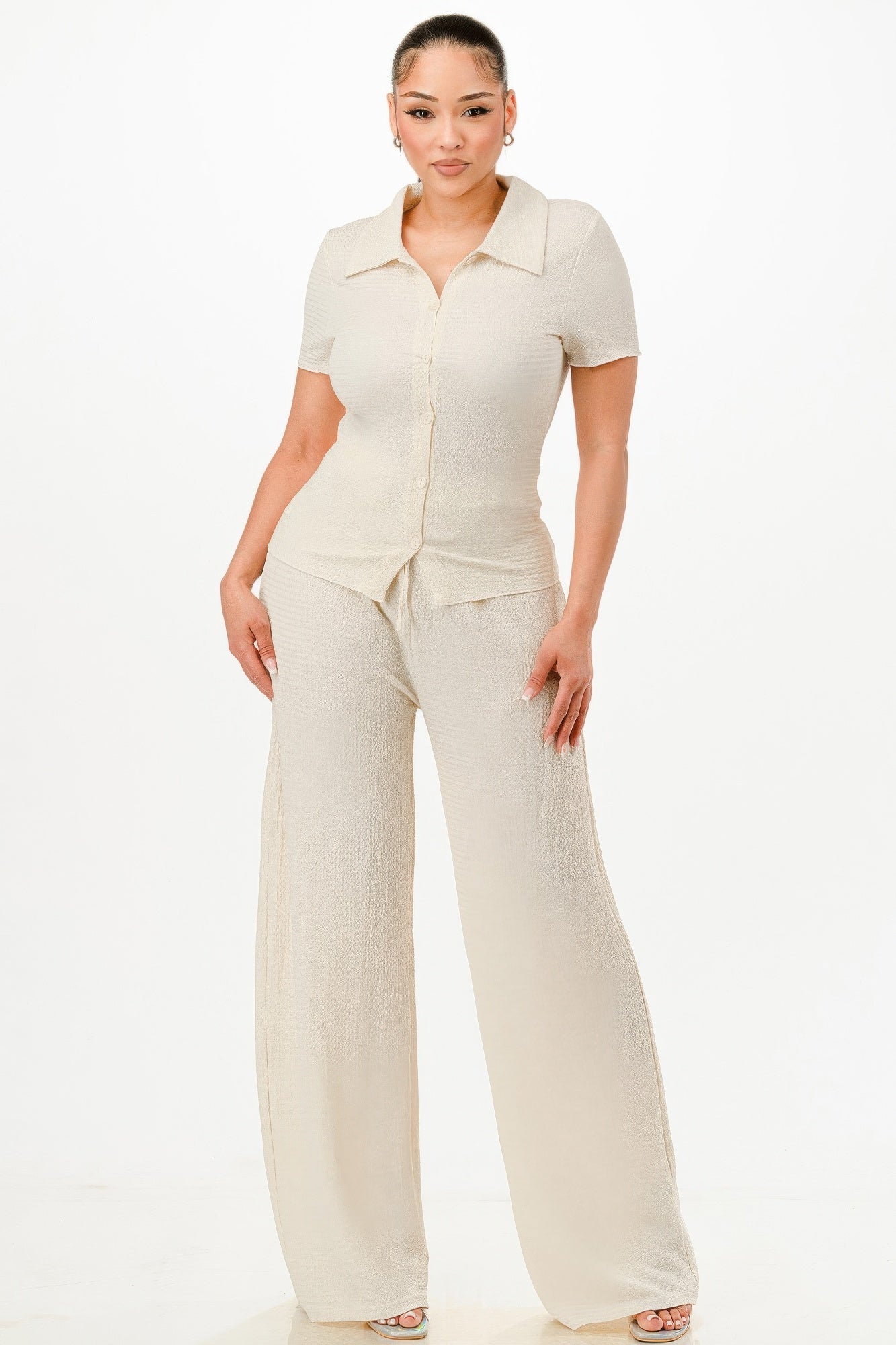 Textured Polo Top And Pants Set-Product Type | Naughty Smile Fashion