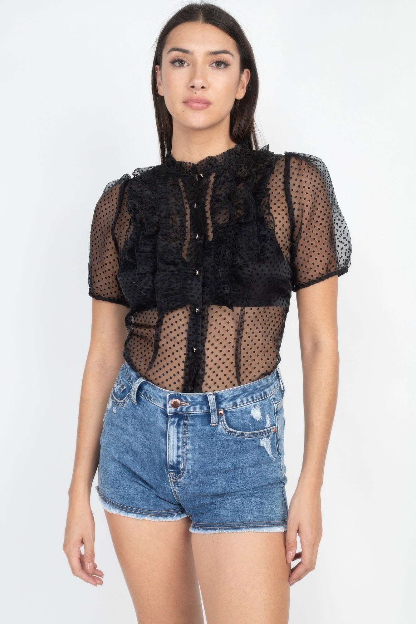 Sheer Ruffle-trim Dot Top-Product Type | Naughty Smile Fashion