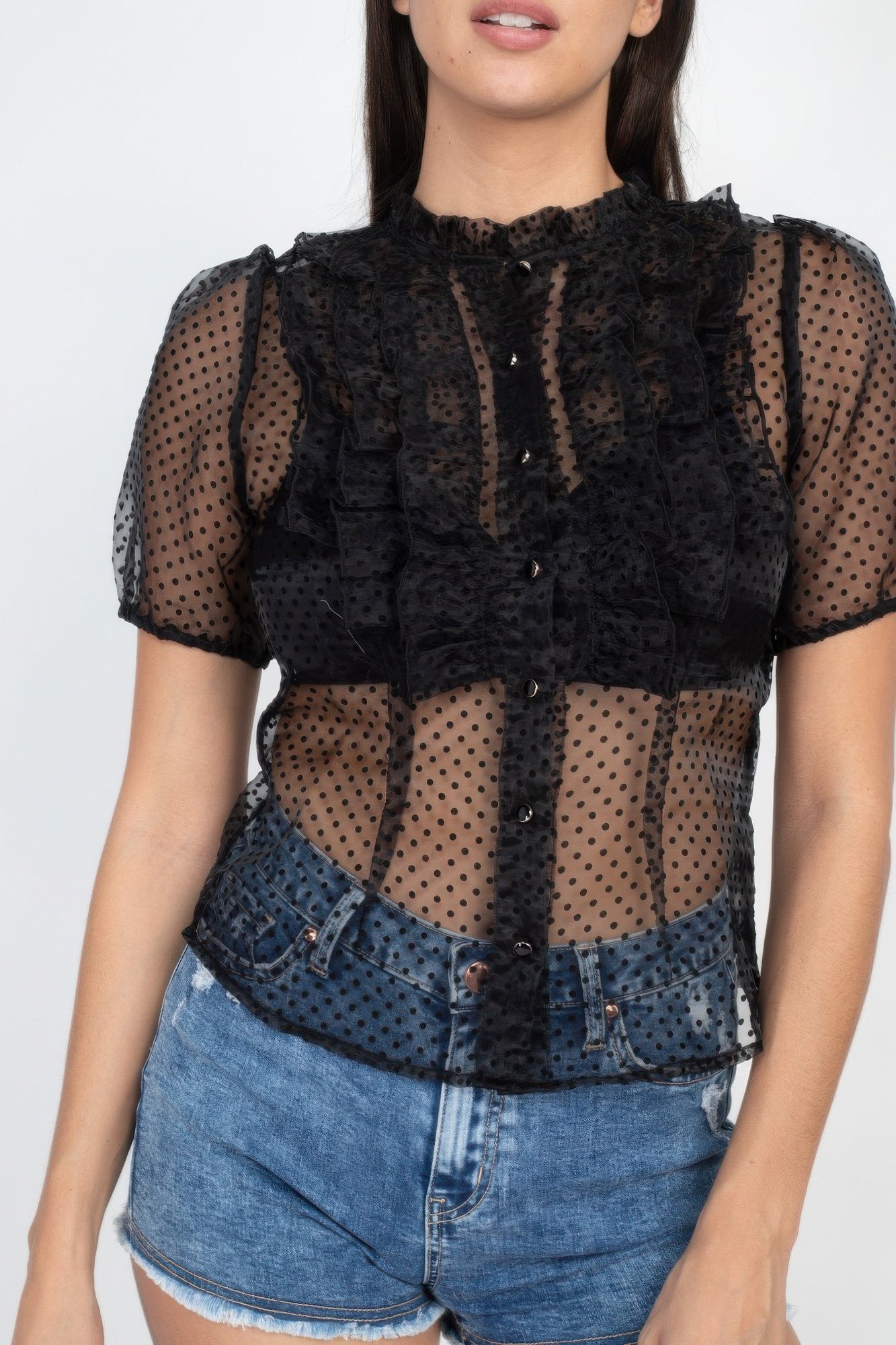 Sheer Ruffle-trim Dot Top-Product Type | Naughty Smile Fashion