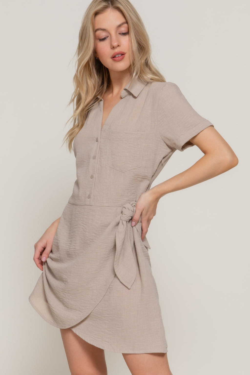 Button Down Side Bow Linen Effect Mini Dress-Product Type | Naughty Smile Fashion