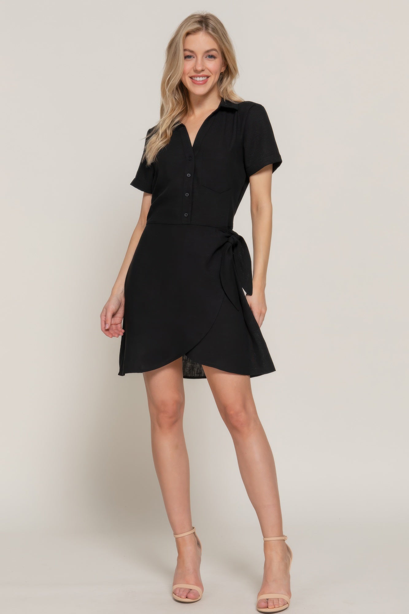 Button Down Side Bow Linen Effect Mini Dress-Product Type | Naughty Smile Fashion