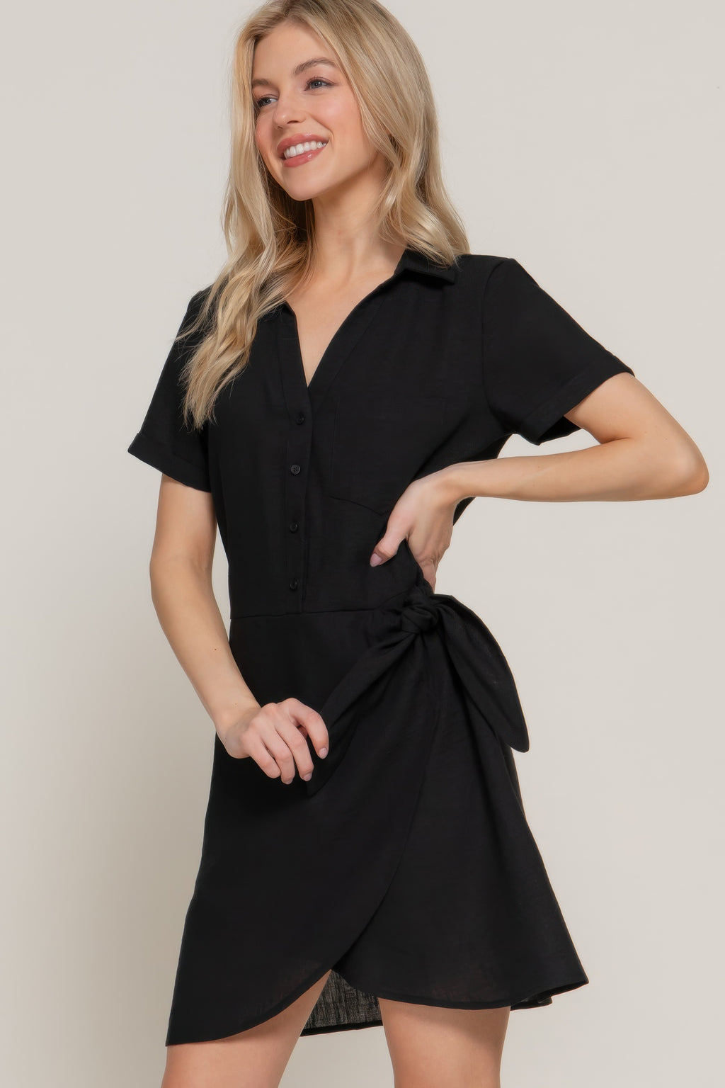 Button Down Side Bow Linen Effect Mini Dress-Product Type | Naughty Smile Fashion