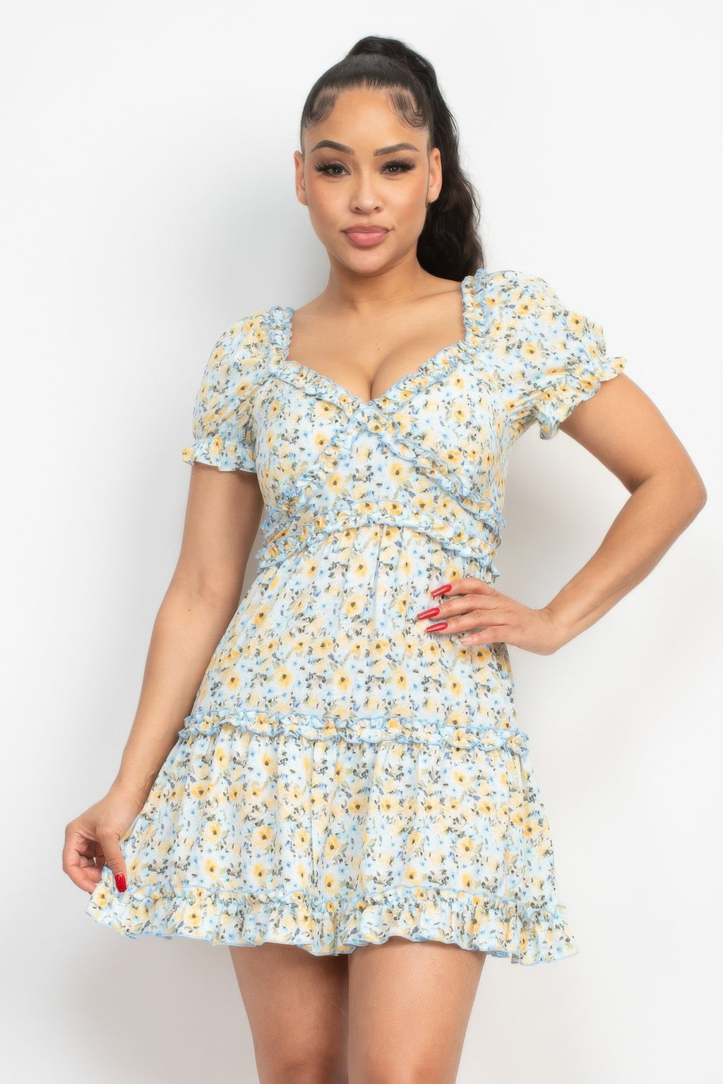 Ruffled Floral Puff Sleeve Dress-Product Type | Naughty Smile Fashion