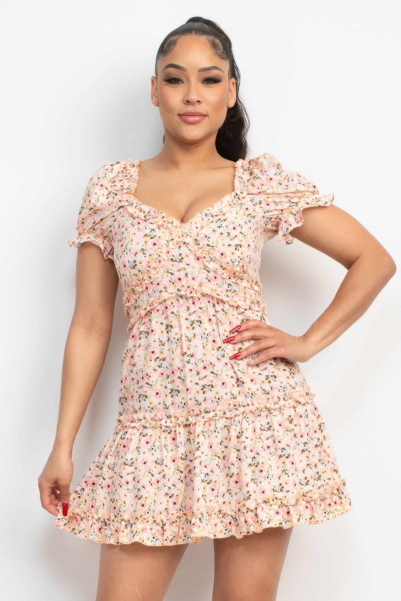 Ruffled Floral Puff Sleeve Dress-Product Type | Naughty Smile Fashion