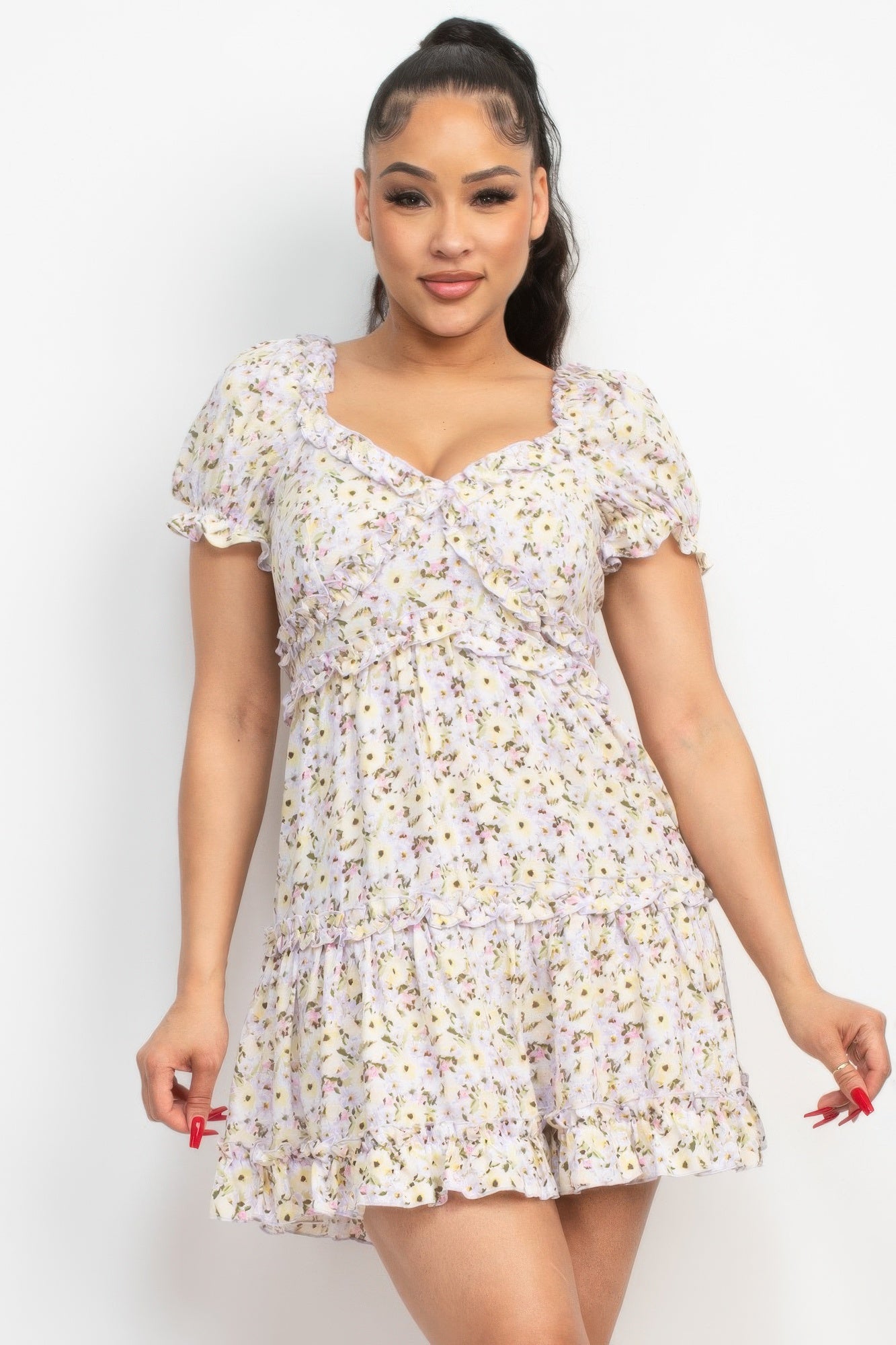 Ruffled Floral Puff Sleeve Dress-Product Type | Naughty Smile Fashion