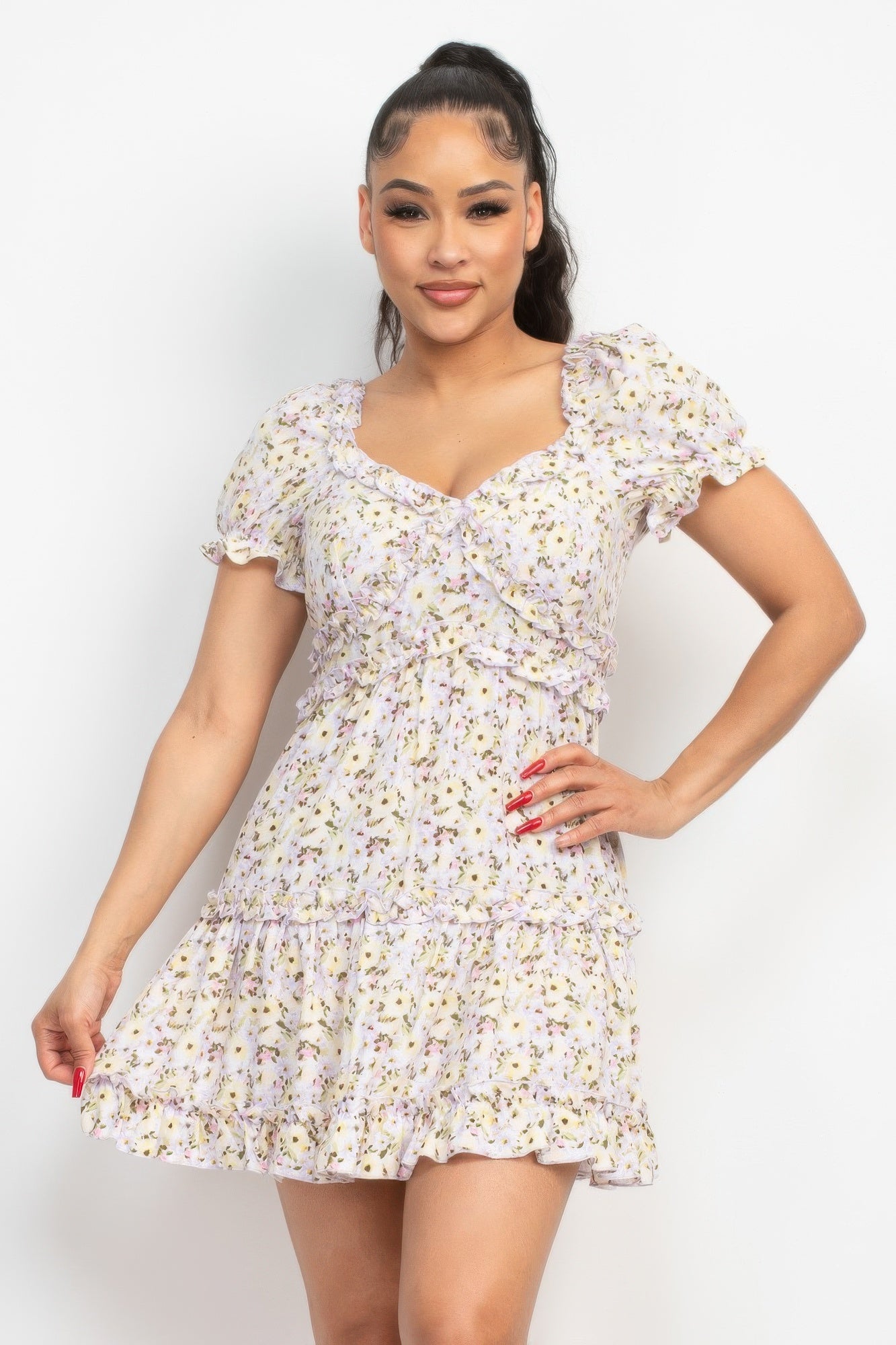 Ruffled Floral Puff Sleeve Dress-Product Type | Naughty Smile Fashion