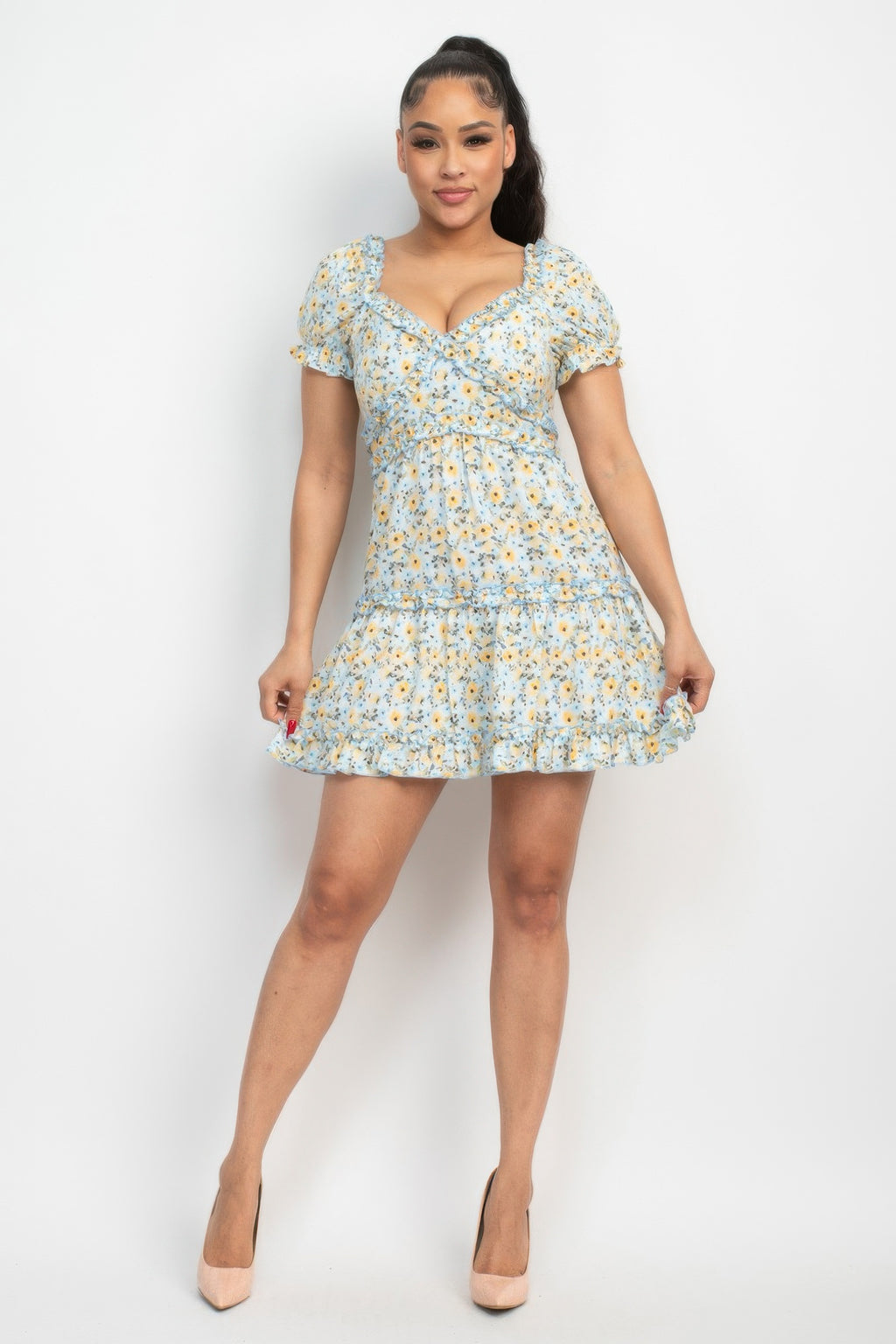 Ruffled Floral Puff Sleeve Dress-Product Type | Naughty Smile Fashion