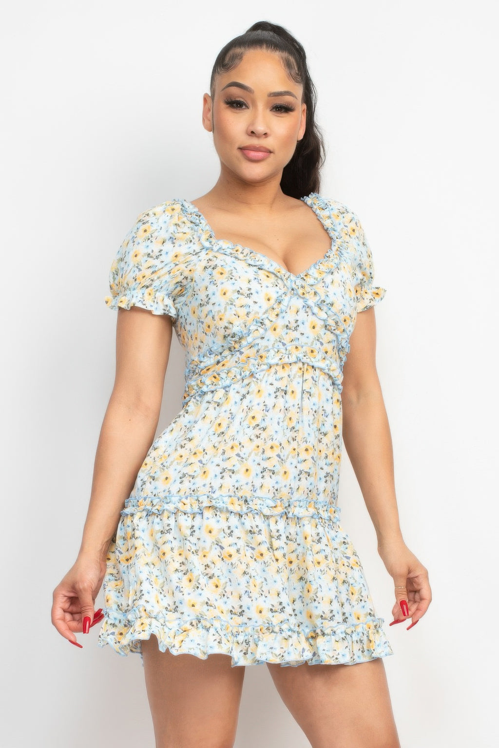 Ruffled Floral Puff Sleeve Dress-Product Type | Naughty Smile Fashion