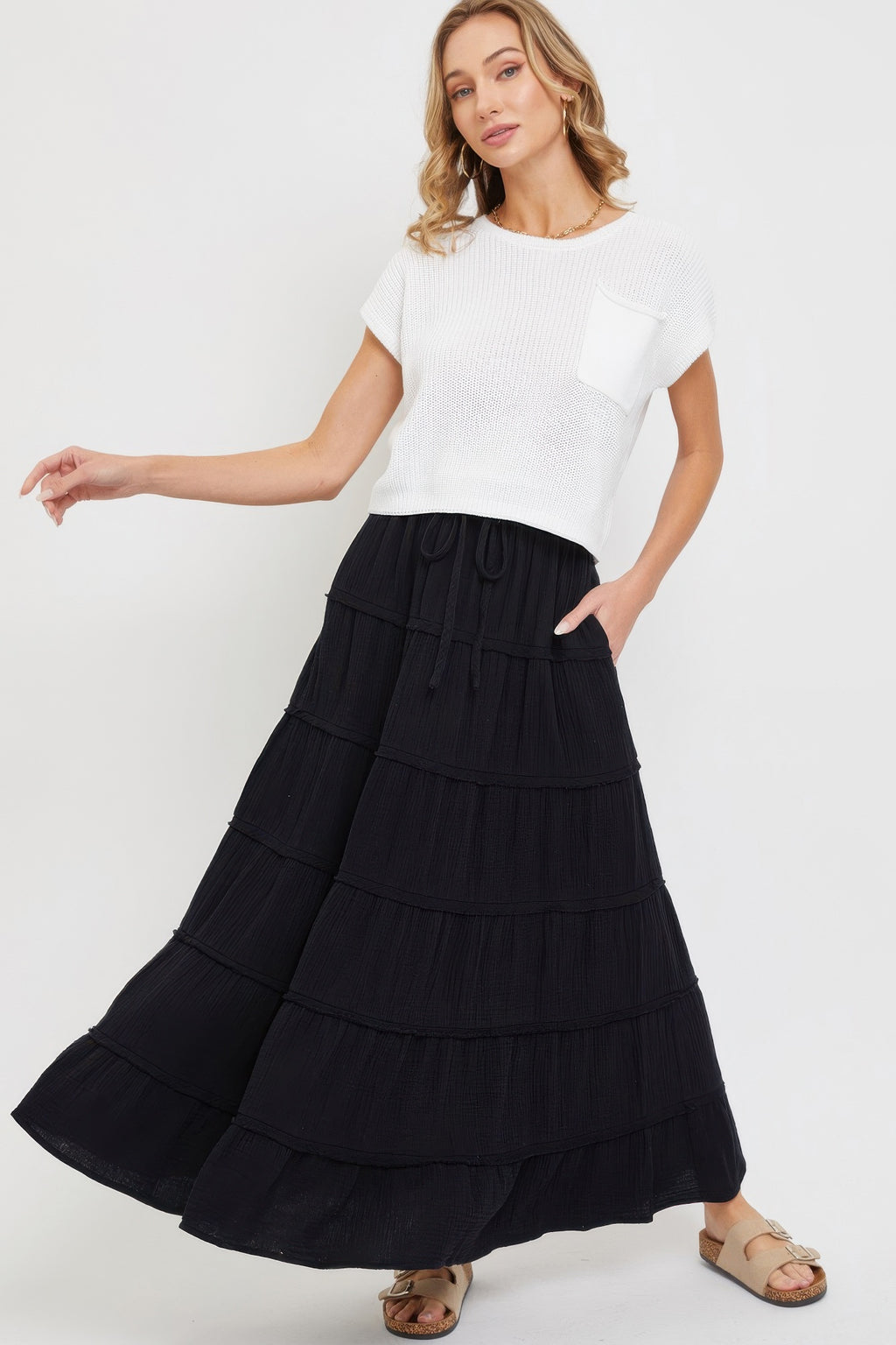 Cotton Gauze Tiered Maxi Skirt-Product Type | Naughty Smile Fashion