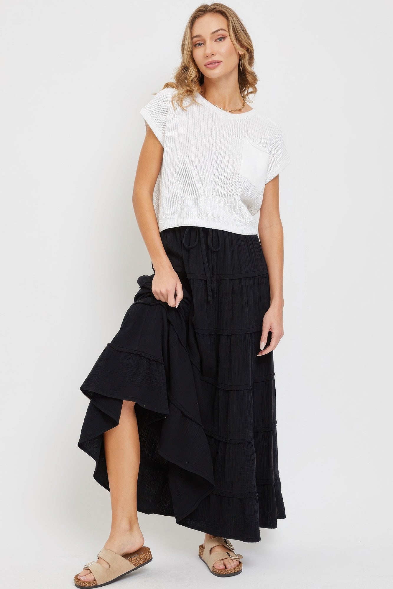 Cotton Gauze Tiered Maxi Skirt-Product Type | Naughty Smile Fashion