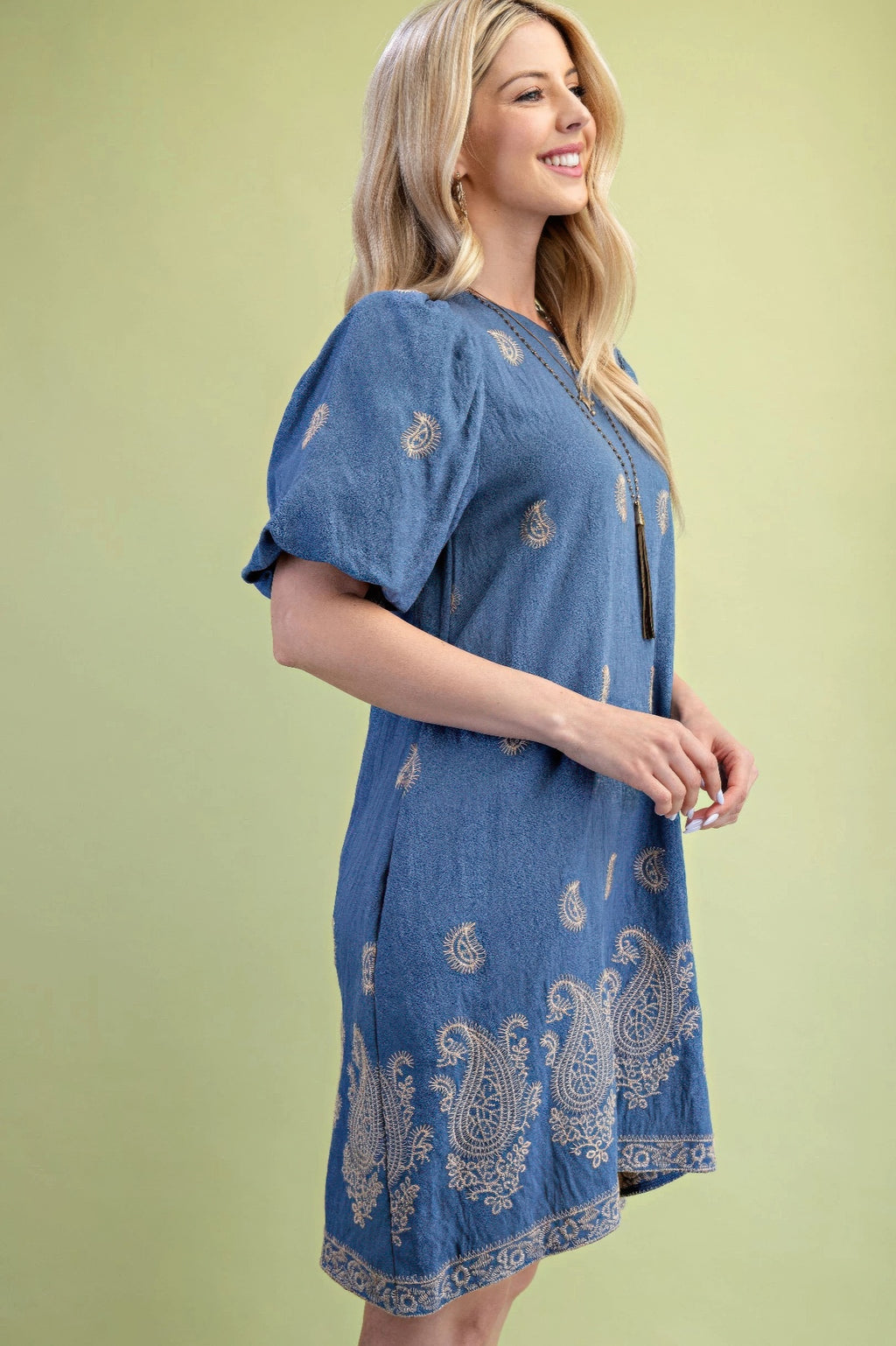 Paisley Embroidered Round Neck Mini Dress With Short Puff Sleeves-Product Type | Naughty Smile Fashion