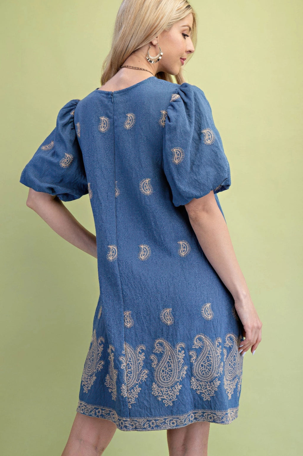 Paisley Embroidered Round Neck Mini Dress With Short Puff Sleeves-Product Type | Naughty Smile Fashion