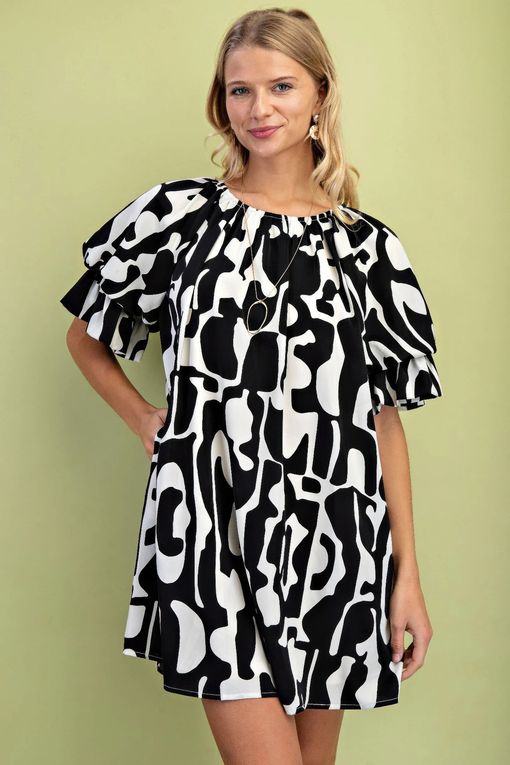 Geometric Print Loose Fit Mini Dress With Gathered Balloon Sleeves-Product Type | Naughty Smile Fashion