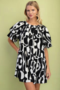Geometric Print Loose Fit Mini Dress With Gathered Balloon Sleeves-Product Type | Naughty Smile Fashion