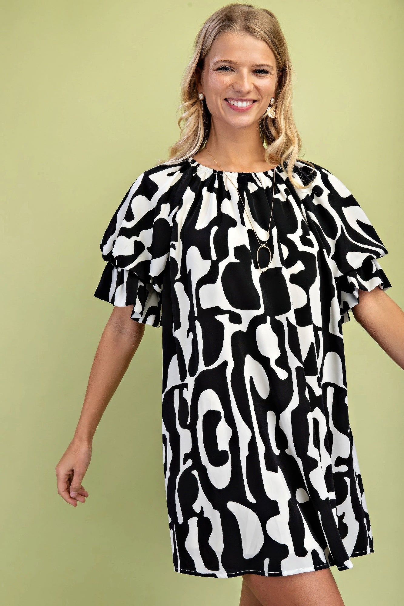 Geometric Print Loose Fit Mini Dress With Gathered Balloon Sleeves-Product Type | Naughty Smile Fashion
