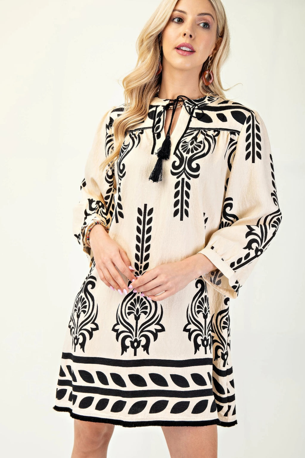Printed 3/4 Sleeve Dress With Tassel Tie And Fringe Detail On Hem-Product Type | Naughty Smile Fashion