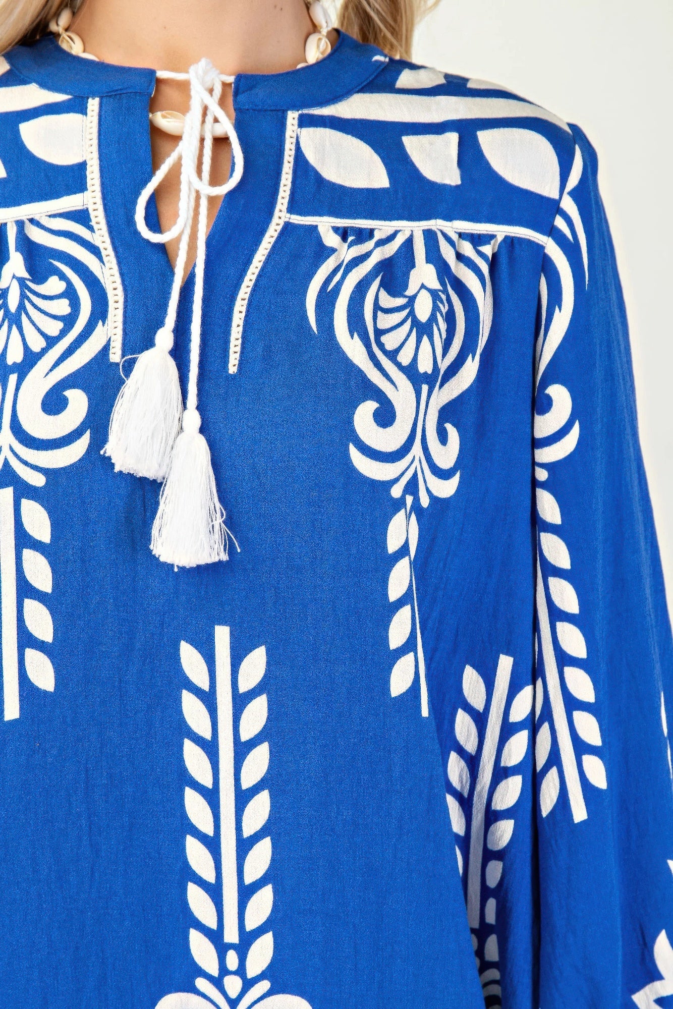 Printed 3/4 Sleeve Dress With Tassel Tie And Fringe Detail On Hem-Product Type | Naughty Smile Fashion