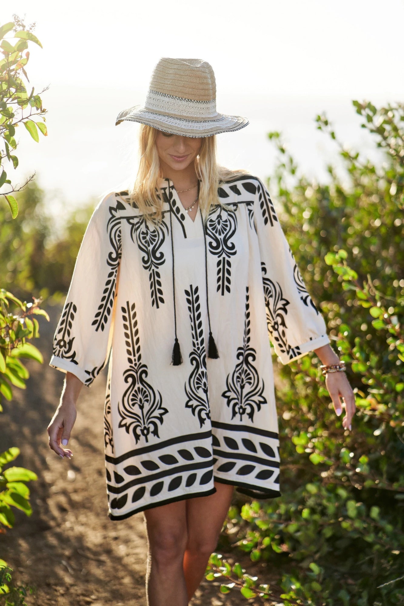 Printed 3/4 Sleeve Dress With Tassel Tie And Fringe Detail On Hem-Product Type | Naughty Smile Fashion