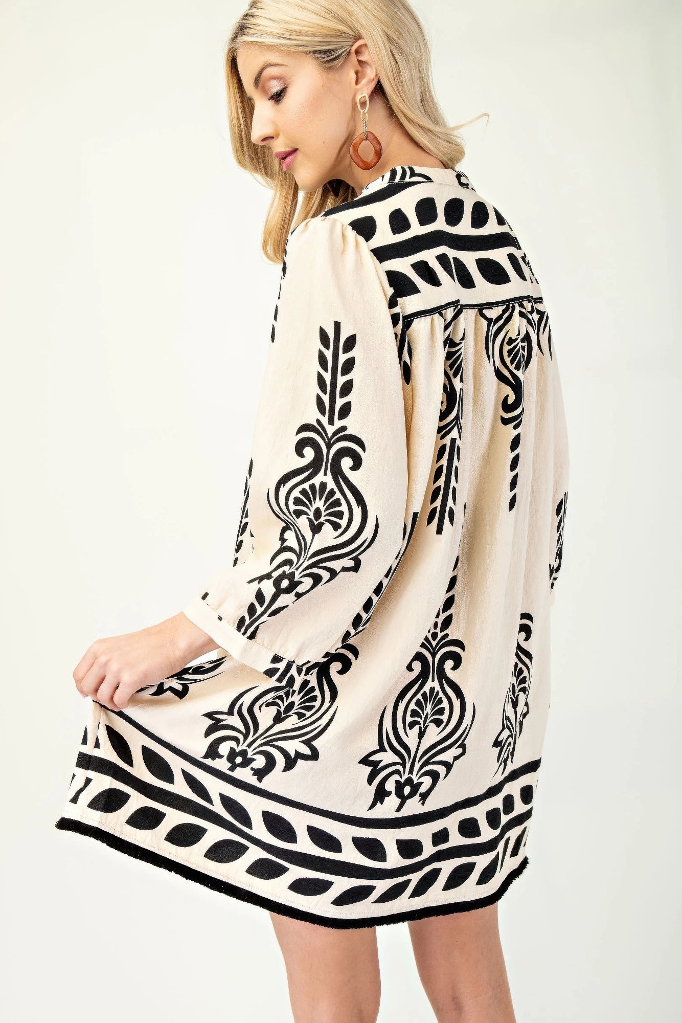 Printed 3/4 Sleeve Dress With Tassel Tie And Fringe Detail On Hem-Product Type | Naughty Smile Fashion