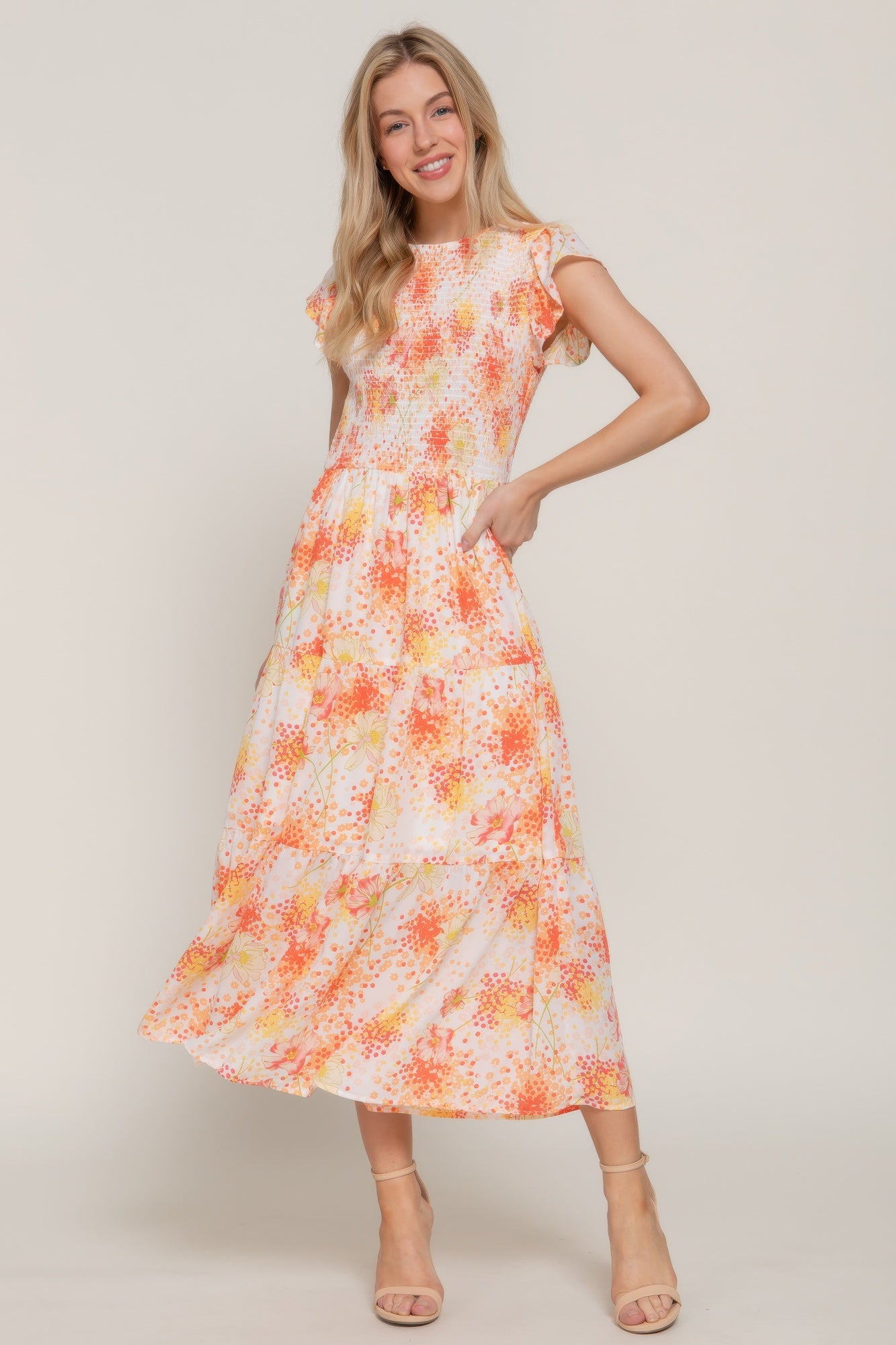 Ruffl Slv Smocked Floral Print Dresss-Product Type | Naughty Smile Fashion